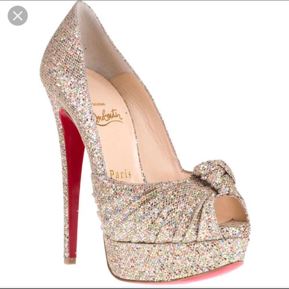 Christian Louboutin Multicolor Crystal Peep-Toe Platform Pumps with Red Soles